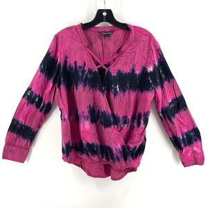 Rock & Republic Women's Tie-Dye Pink Navy Faux Wrap Medium Shirt Top Blouse